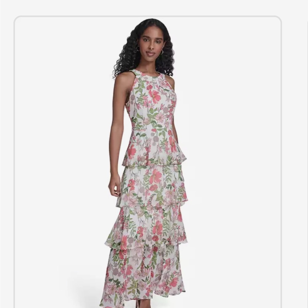 Tommy Hilfiger Pink and Green Floral Tiered Maxi Dress